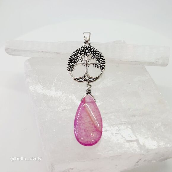 Peach Dragon Veins Agate Teardrop Tree Of Life Handmade Pendant 2.72" - Picture 6 of 8